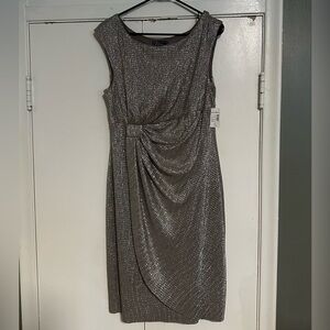 Dressbarn NWT Metallic Draped Cocktail Dress Silver Shimmer Party Size 14